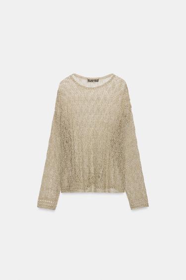Zara METALLIC THREAD POINTELLE KNIT JUMPER - Gold