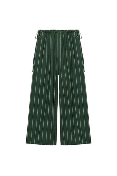 Zara ZW COLLECTION STRIPED LINEN PANTS - Green