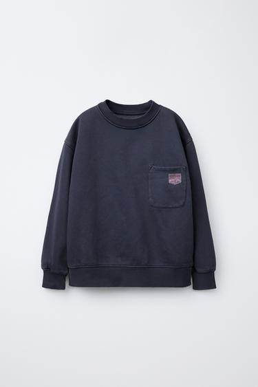 Zara PLAIN SWEATSHIRT WITH LABEL POCKET - Blue / Gray