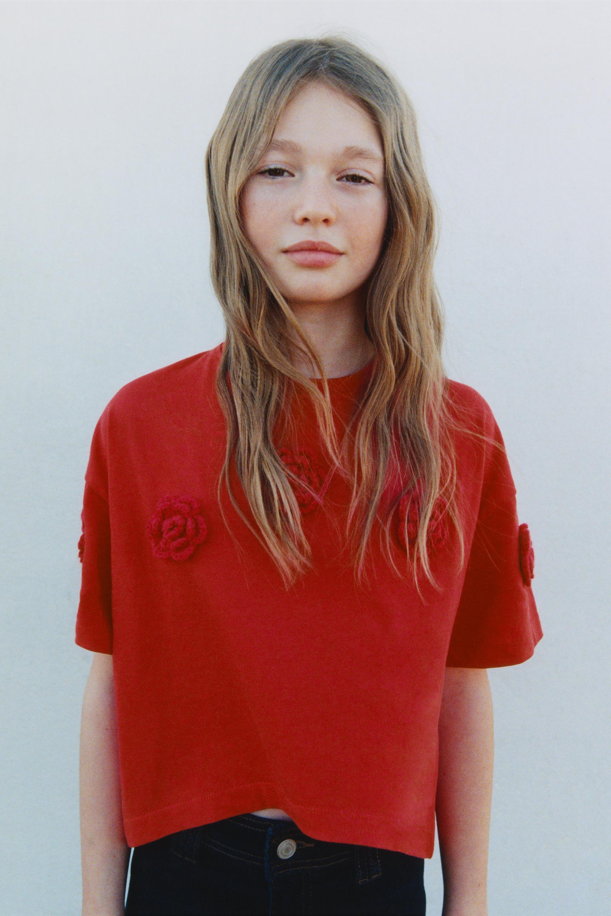クロシェ フラワー Tシャツ - レッド | ZARA Japan / 日本
