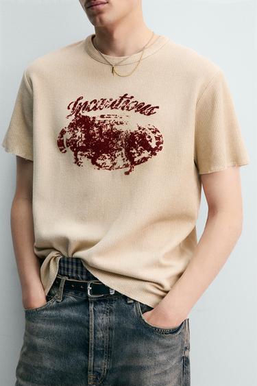 TEXTURED PRINT KNIT T-SHIRT - Ecru by Zara - Image 4