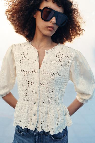 ROMANTIC COMBINED KNIT CARDIGAN - Ecru by Zara