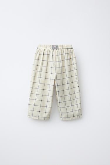 PANTALON BAGGY À CARREAUX AVEC COTON ET LIN - Écru de Zara - Image 1