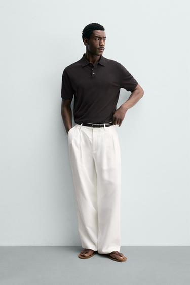 Zara POLO MAJICA REGULAR FIT OD MJEŠAVINE PAMUKA – tamnosmeđa