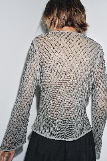 BEADED CROCHET TOP - Grey by Zara - Image 2