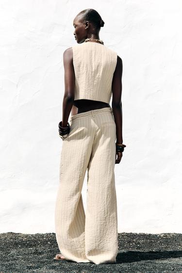PANTALON RAYÉ CEINTURE TRESSÉE - Sable de Zara - Image 5