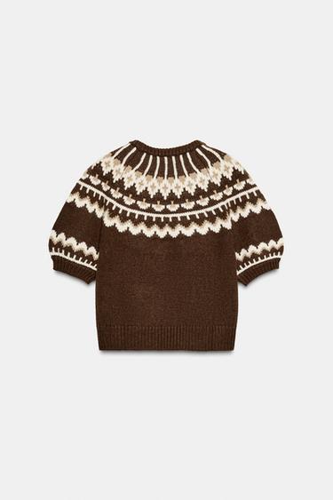 HAUT EN MAILLE JACQUARD À MANCHES COURTES - Marron / Écru de Zara - Image 3