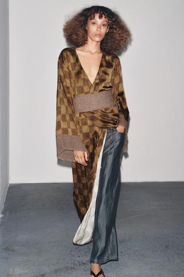 JURK MET RUITENPRINT EN SIERBAND - Ecru / Zwart van Zara