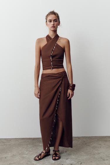 SHELL DETAIL LINEN BLEND HALTER TOP - Terracotta by Zara