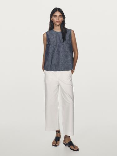 Blusa bolsillos algodón lino denim - Marino de Zara