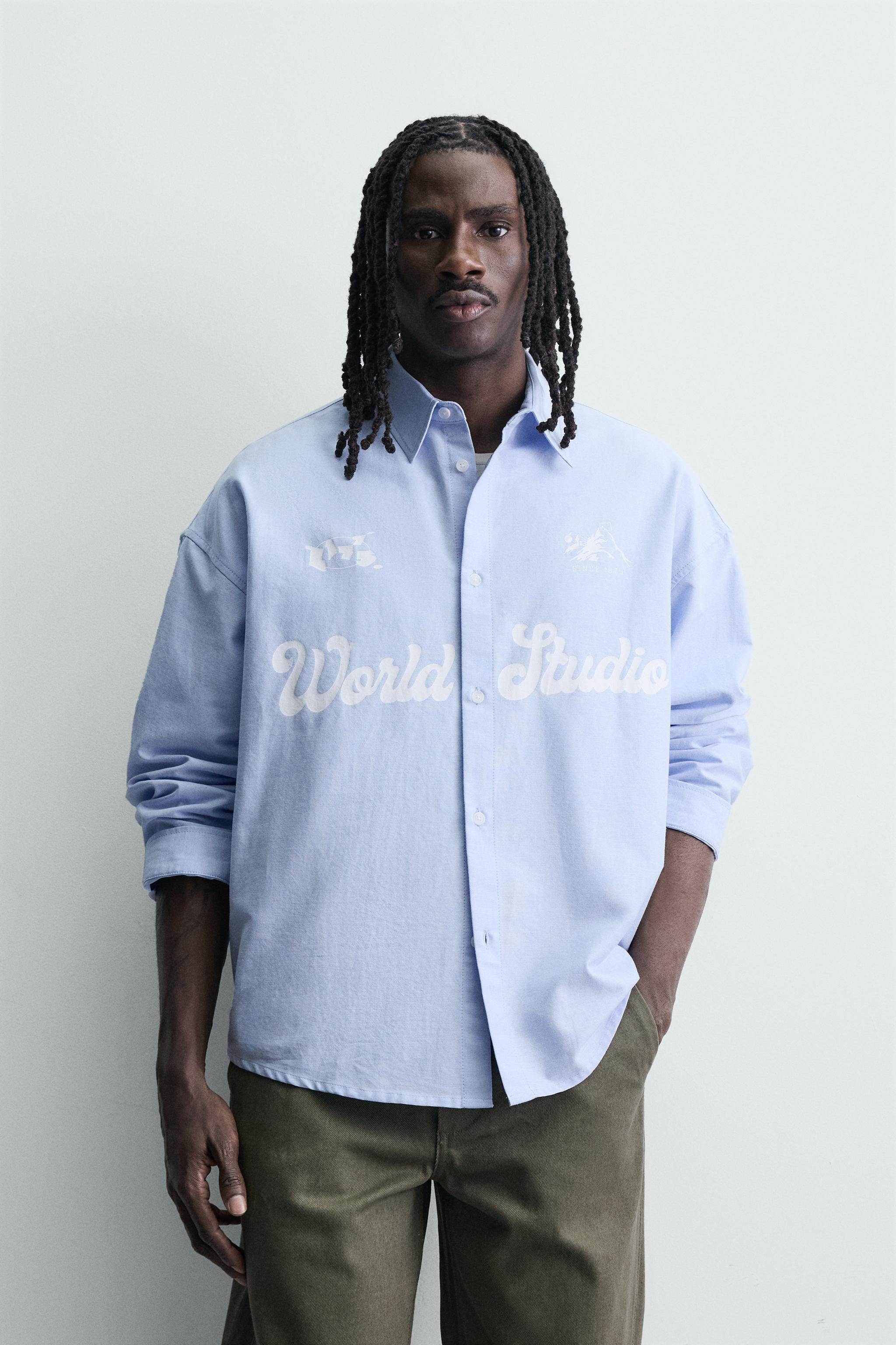 PRINTED TEXT OXFORD BOXY FIT SHIRT - Light blue | ZARA United States