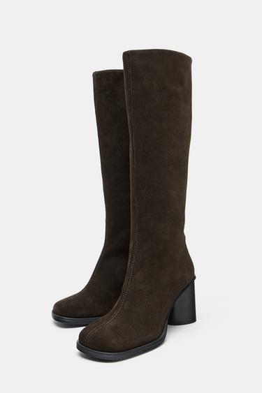 VELOURSLEDERSTIEFEL MIT ZIERNAHT - Schokoladenbraun von Zara