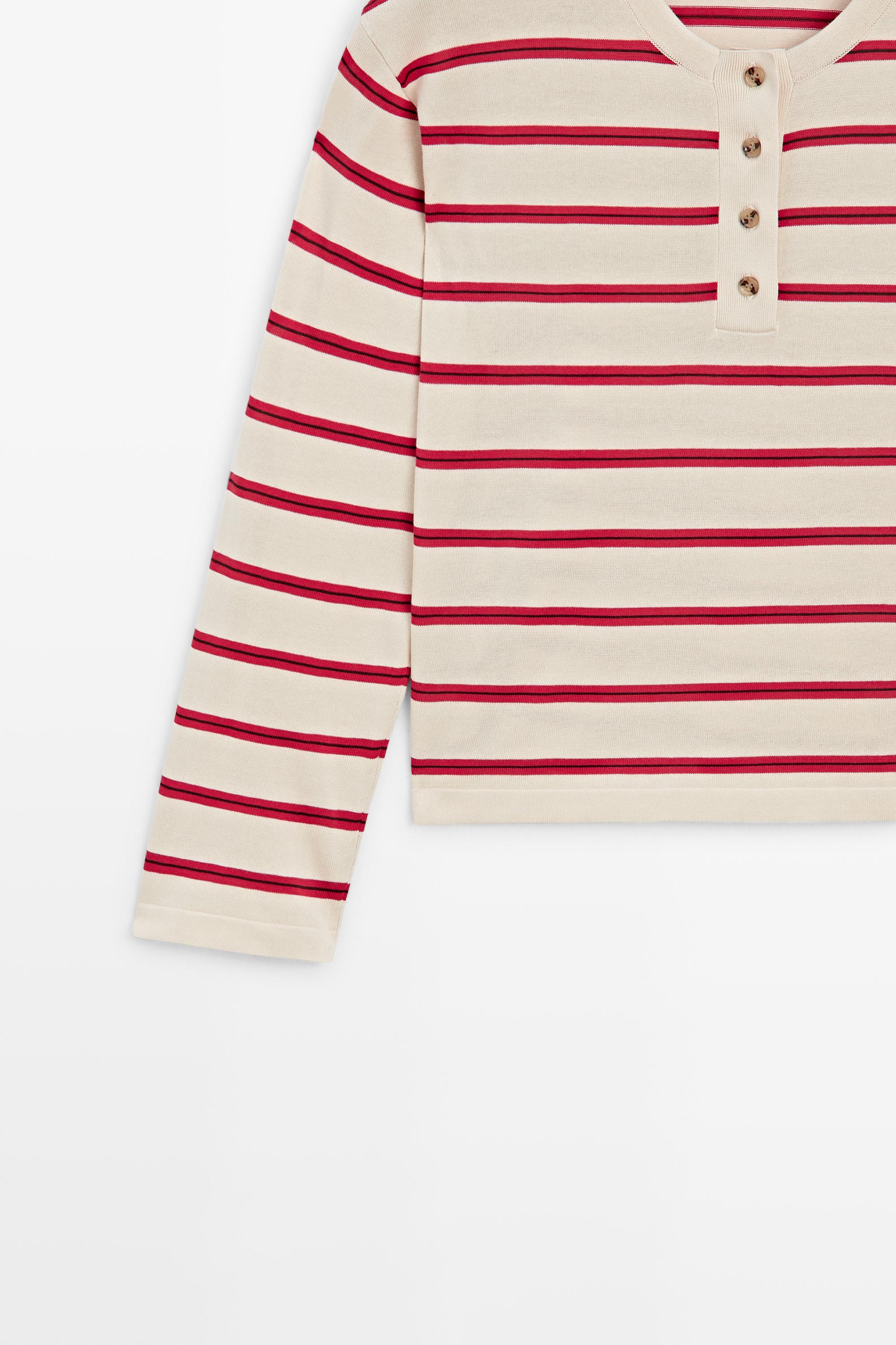 Pull en maille à rayures 100 % coton et col tunisien