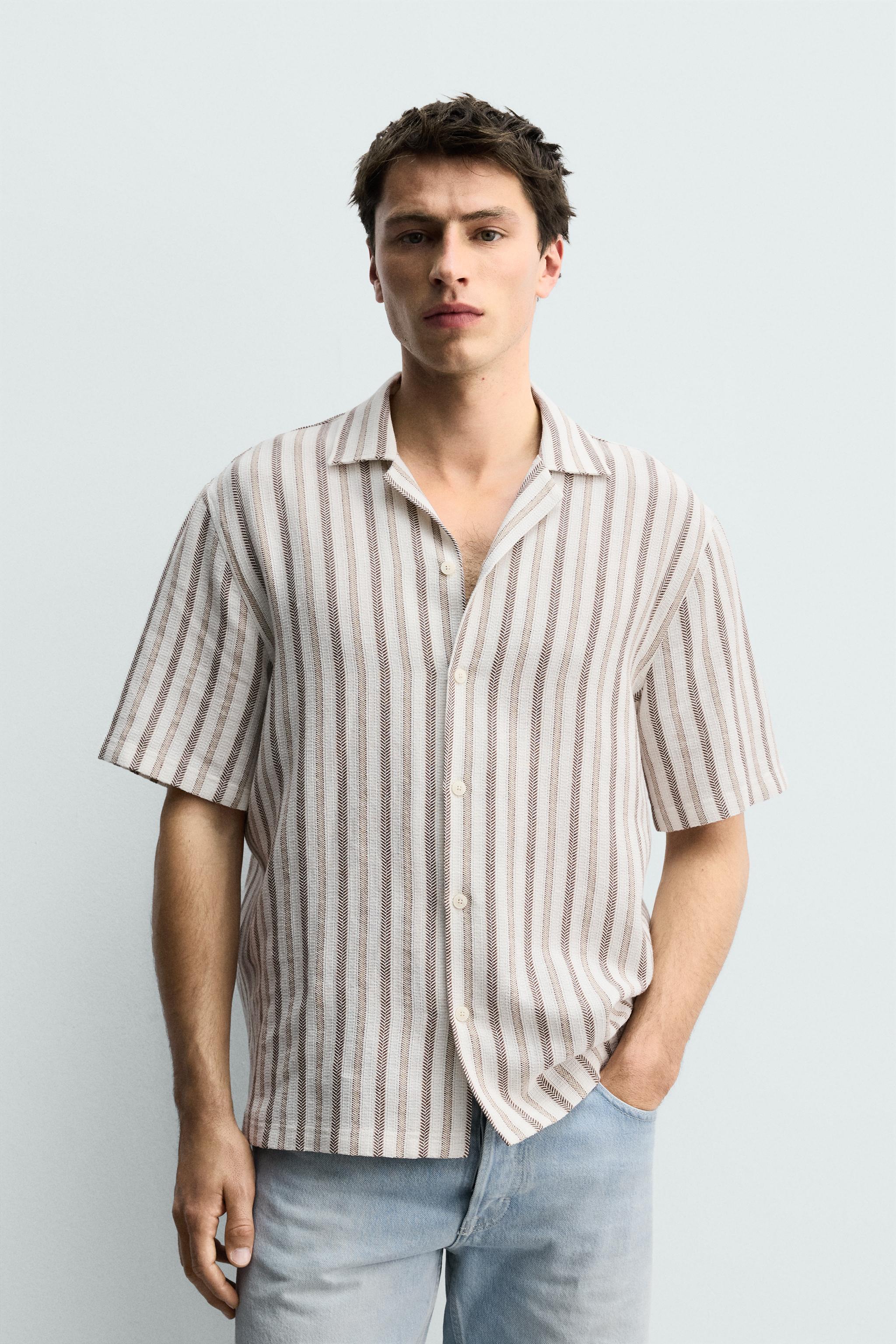 REGULAR FIT STRIPED JACQUARD SHIRT — Ecru
