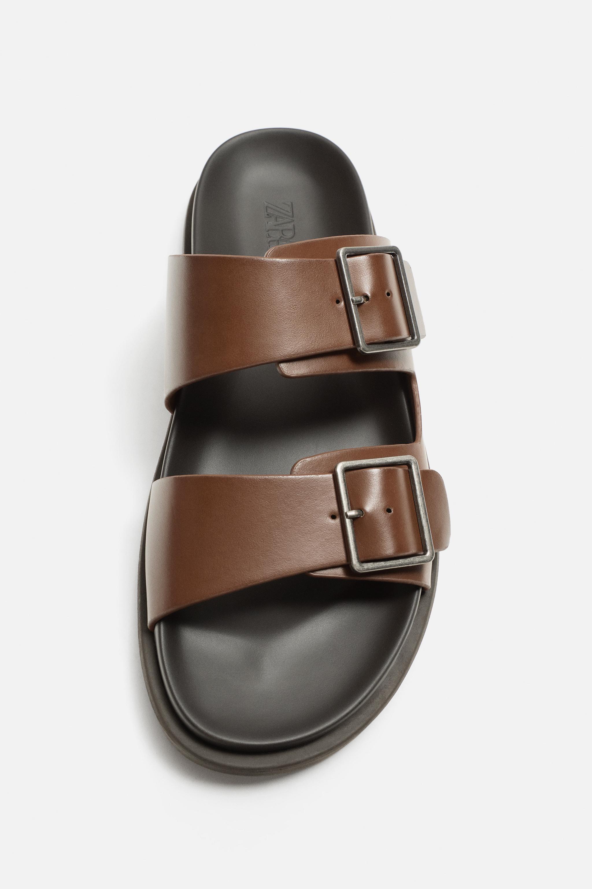 【ZARA】ダブルストラップ サンダル リアルレザー製ダブルストラップサンダル - サンドブラウン