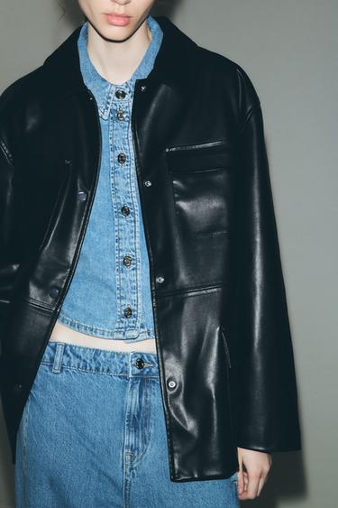 Zara FAUX LEATHER OVERSHIRT WITH CONTRAST COLLAR - Black
