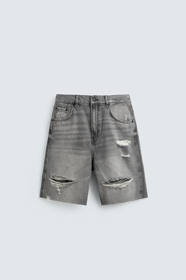 RELAXED FIT RIPPED DENIM BERMUDA SHORTS - Grey by Zara