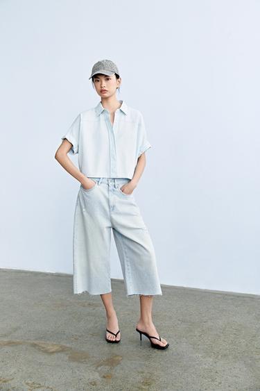 Zara 飄逸短袖襯衫 - 淡藍色