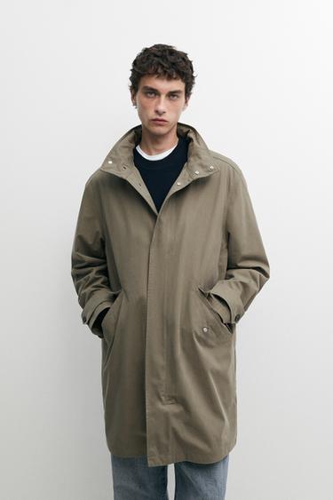 Zara Long high neck 100% cotton parka - Light khaki