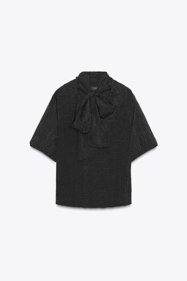 Zara 皺褶效果歐根紗罩衫 - 黑色 - 圖片 0