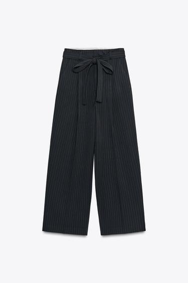Zara PLEATED BELTED PANTS - Navy blue