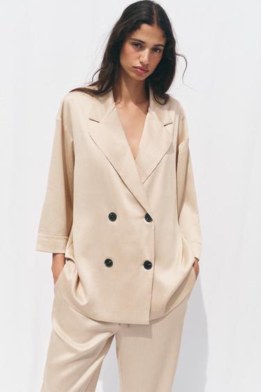 Zara DOUBLE-BREASTED CRINKLED BLAZER - Soft gold
