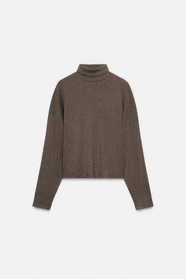 HIGH NECK T-SHIRT - Khaki marl by Zara
