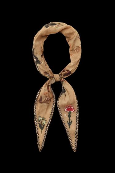 Zara FLORAL EMBROIDERED TOPSTITCHED BANDANA - taupe brown