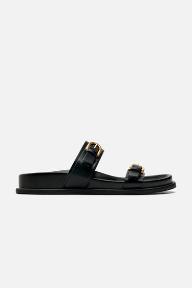 Zara BUCKLE FLAT SANDALS - Black