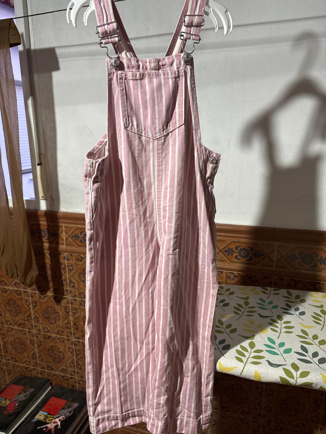 Pink and white vertical striped dungarees hanging on a white hanger, with a wall and decorative tiles in the background.