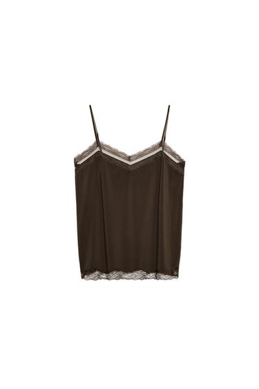 КРУЖЕВНОЙ ТОП В БЕЛЬЕВОМ СТИЛЕ — ТЕМНО-КОРИЧНЕВЫЙ от Zara