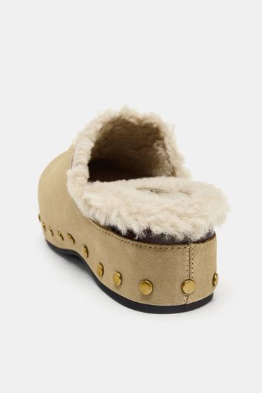 STUDDED SPLIT SUEDE CLOGS - Sand Brown by Zara - Image 6