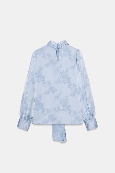 CHEMISE SATINÉE JACQUARD AVEC NŒUD - Bleu clair de Zara - Image 7