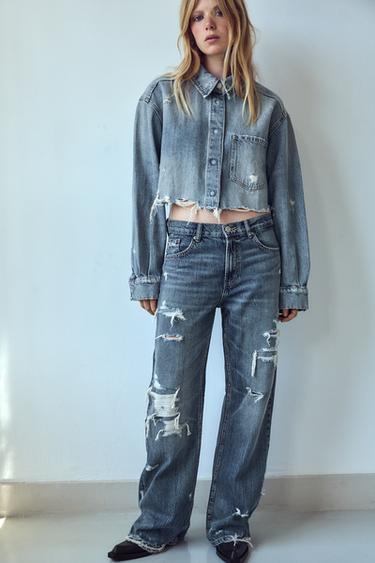 Zara TRF CROPPED RIPPED DENIM OVERSHIRT - Blue