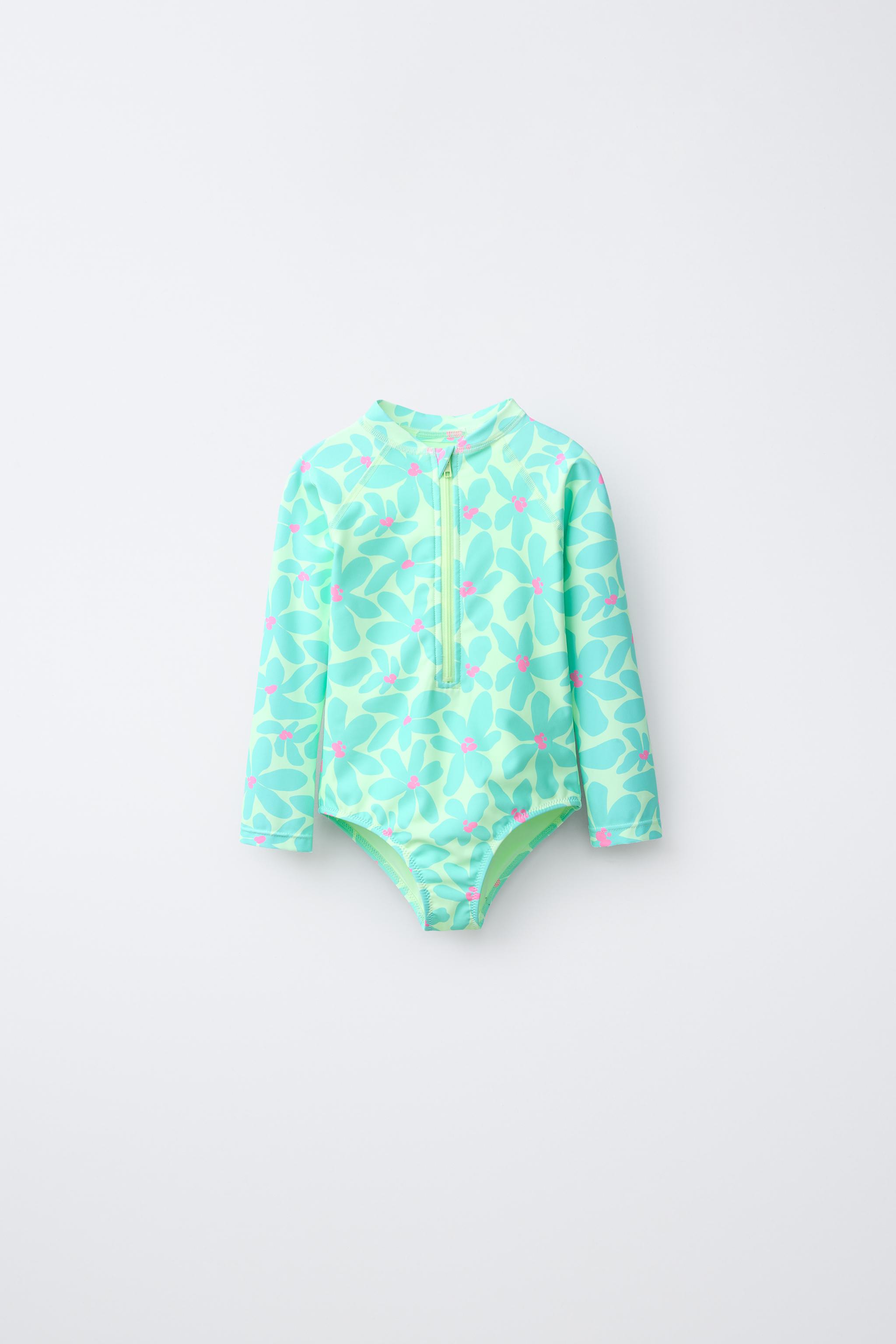 1-6 YEARS/ FLORAL PRINT LEOTARD SWIMSUIT — Fluorescent lime (alternate view)
