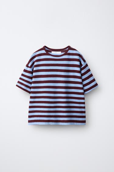 Zara LOOSE FIT STRIPED T-SHIRT - Brown