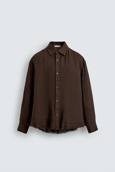 100% LINEN SEMI-SHEER SHIRT - Brown by Zara