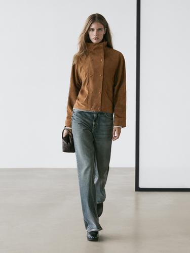 Zara Suede leather jacket with buttons - Dark mink