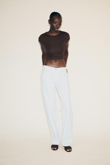 Zara COTTON MODAL CROP T-SHIRT - Brown - Image 0