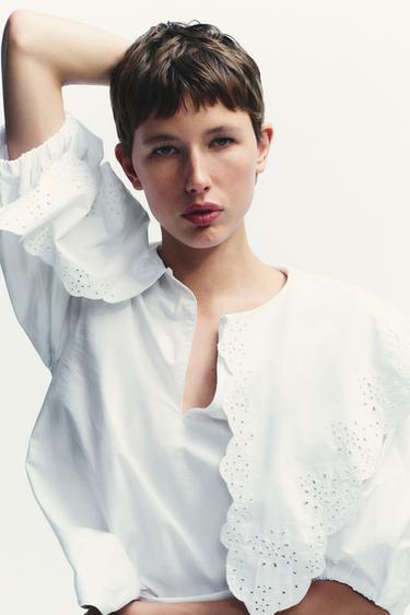 Zara 泡泡領府綢襯衫 - 白色