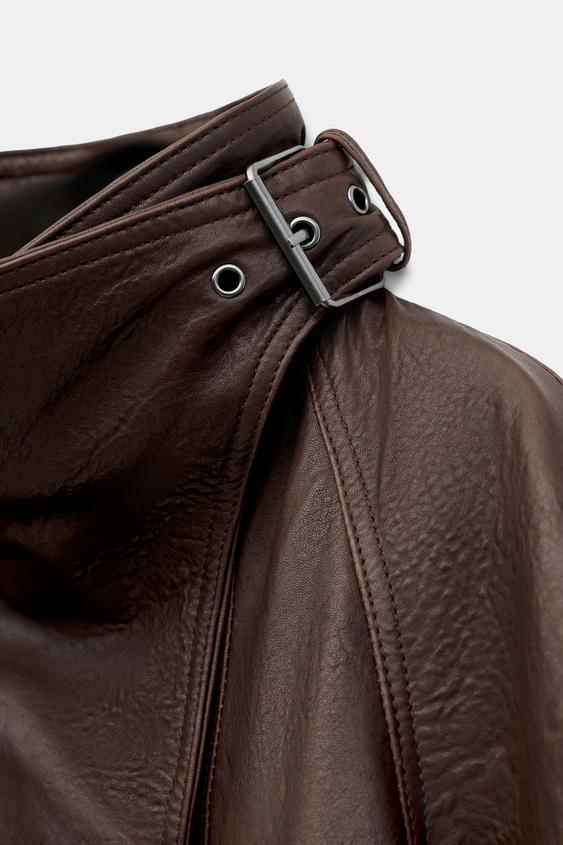 BLOUSON 100 % CUIR À COL MONTANT ZW COLLECTION - Marron de Zara - Image 9