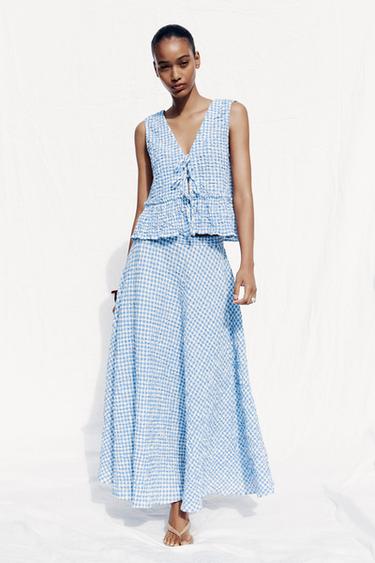 Zara GINGHAM MIDI FLARED SKIRT - Light blue