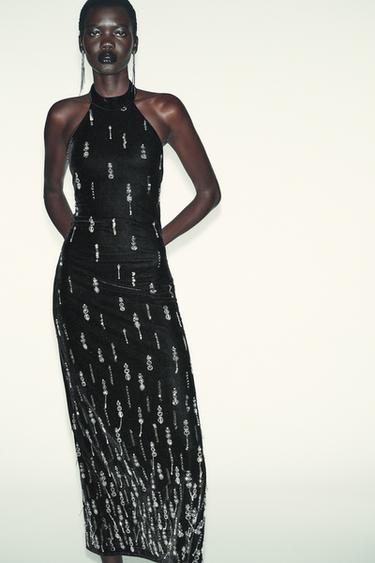 VESTIDO MIDI TERCIOPELO ABALORIOS - Negro de Zara