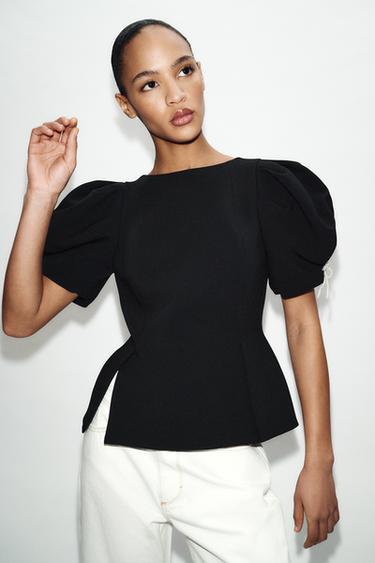 Zara PEARL BOW BALLOON SLEEVE TOP - Black