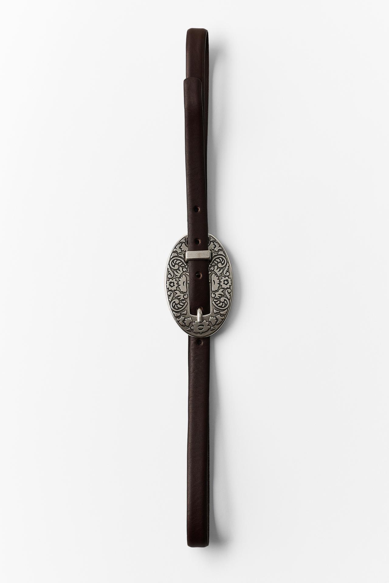 100% LEATHER BELT WITH ENGRAVED BUCKLE — Brown
