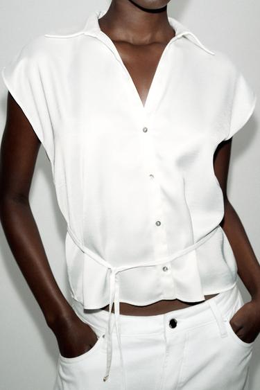 SATIN SHORT SLEEVE SHIRT WITH BELT - White by Zara - Image 3