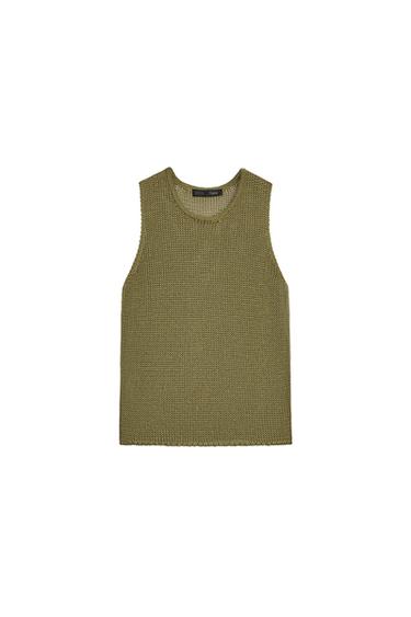 Front view of a blue sleeveless knit top with a crew neck.