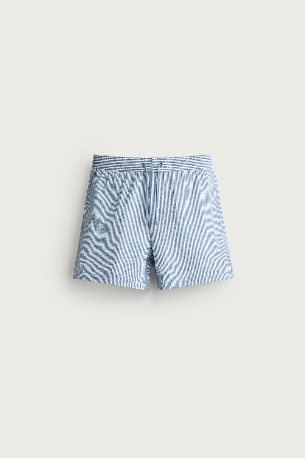 MID-LENGTH SEERSUCKER SWIMMING TRUNKS