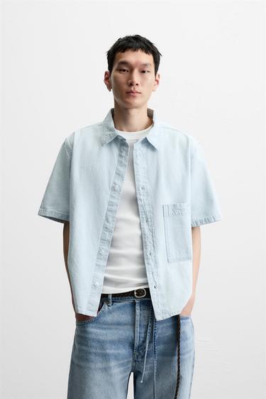 Zara WASHED POCKET SHIRT - Light blue
