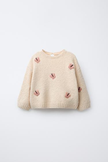 SWEATER I STRIK MED BRODEREDE SOMMERFUGLE - lys beig fra Zara - Billede 0